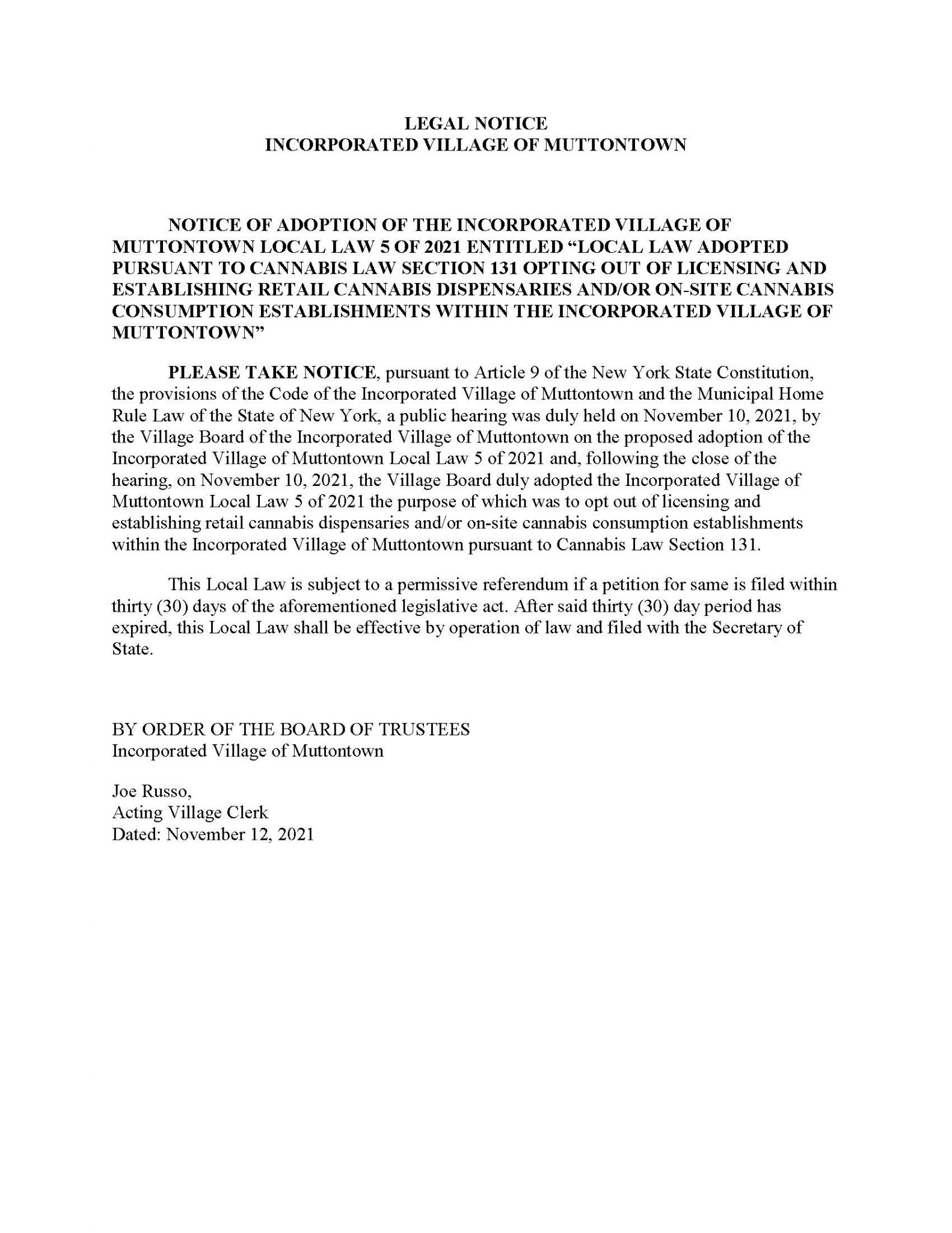 November, 2021 Village of Muttontown