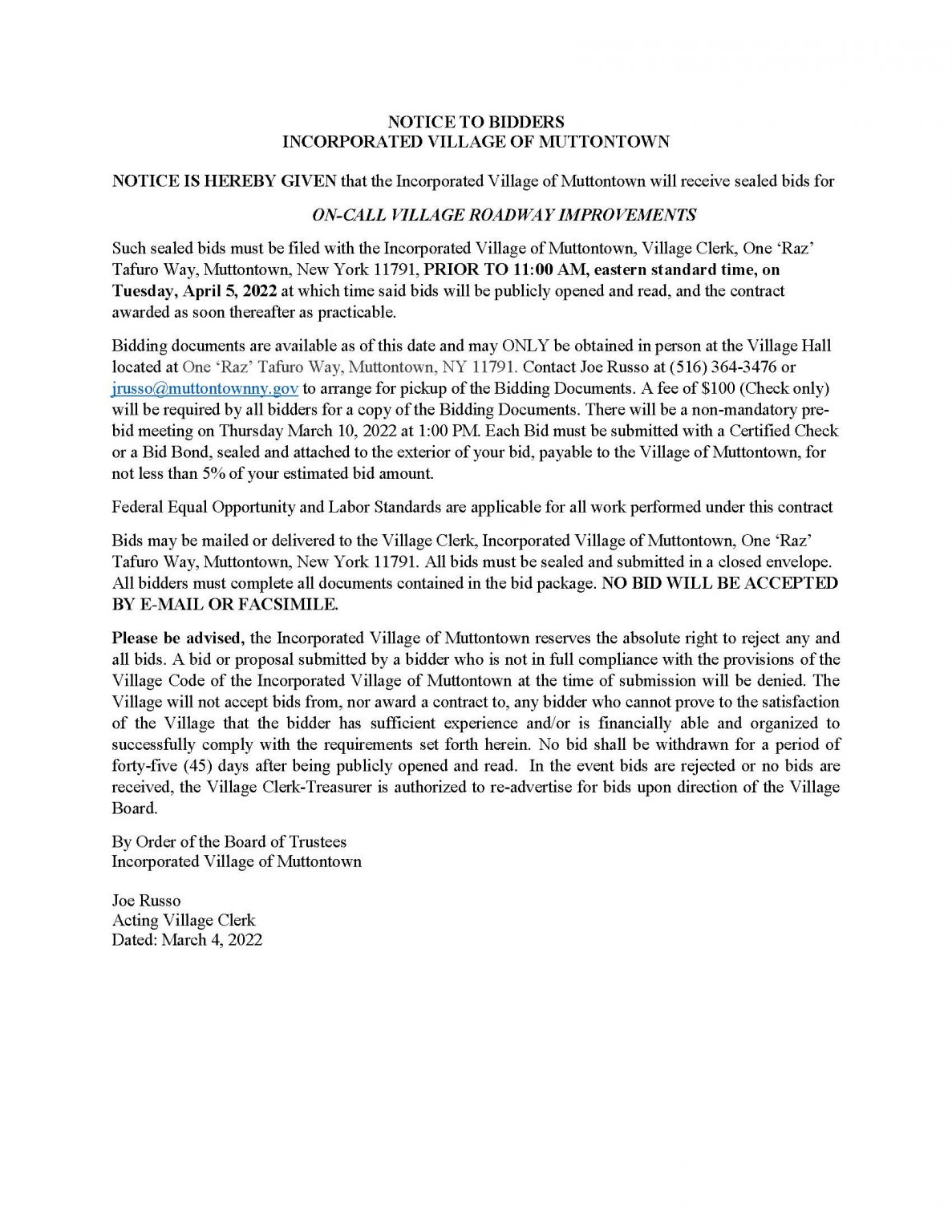 Notice to Bidders Roads Village of Muttontown