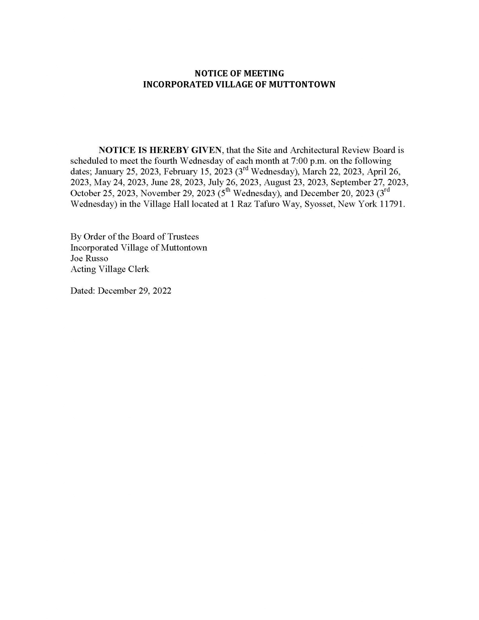 Public Notice 2023 SARB Meetings Village of Muttontown