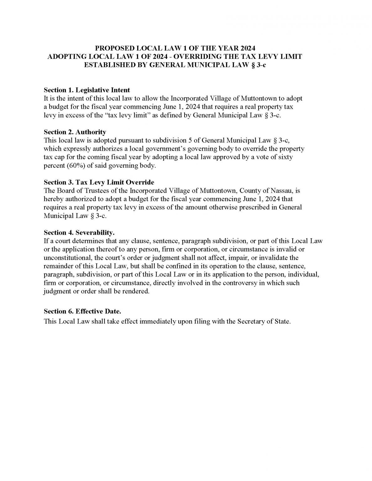 Proposed Local Law 1 of 2024 Village of Muttontown