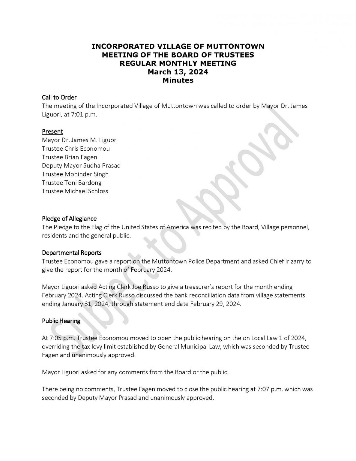 March 13th 2024 Draft Minutes Village of Muttontown