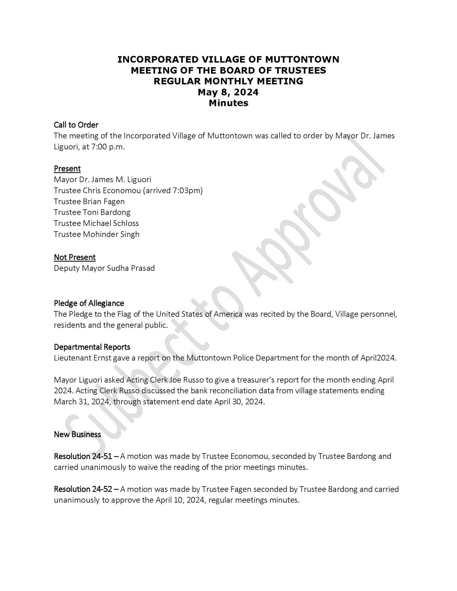 May 8th 2024 Draft Minutes Village of Muttontown