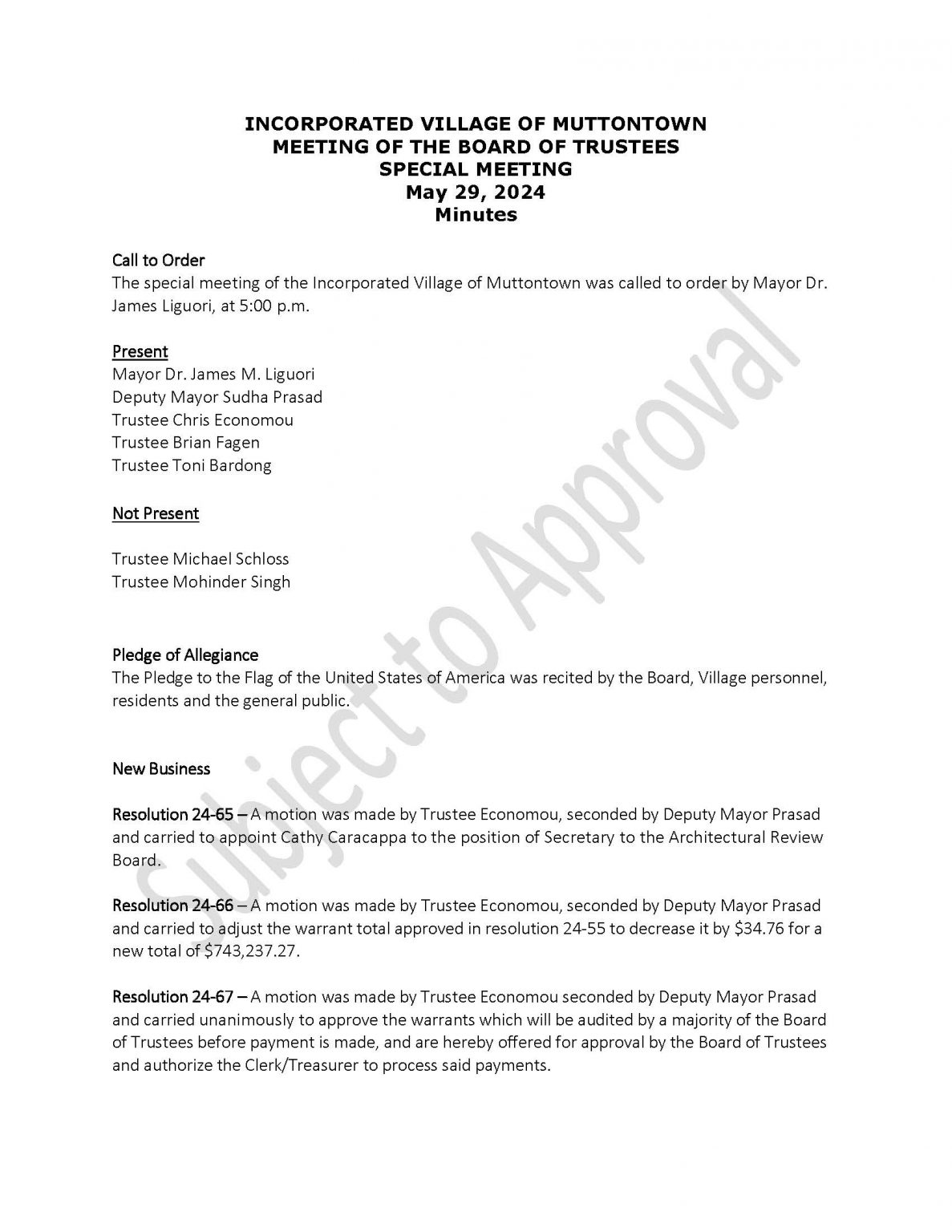 May 29th 2024 Draft Minutes Village of Muttontown