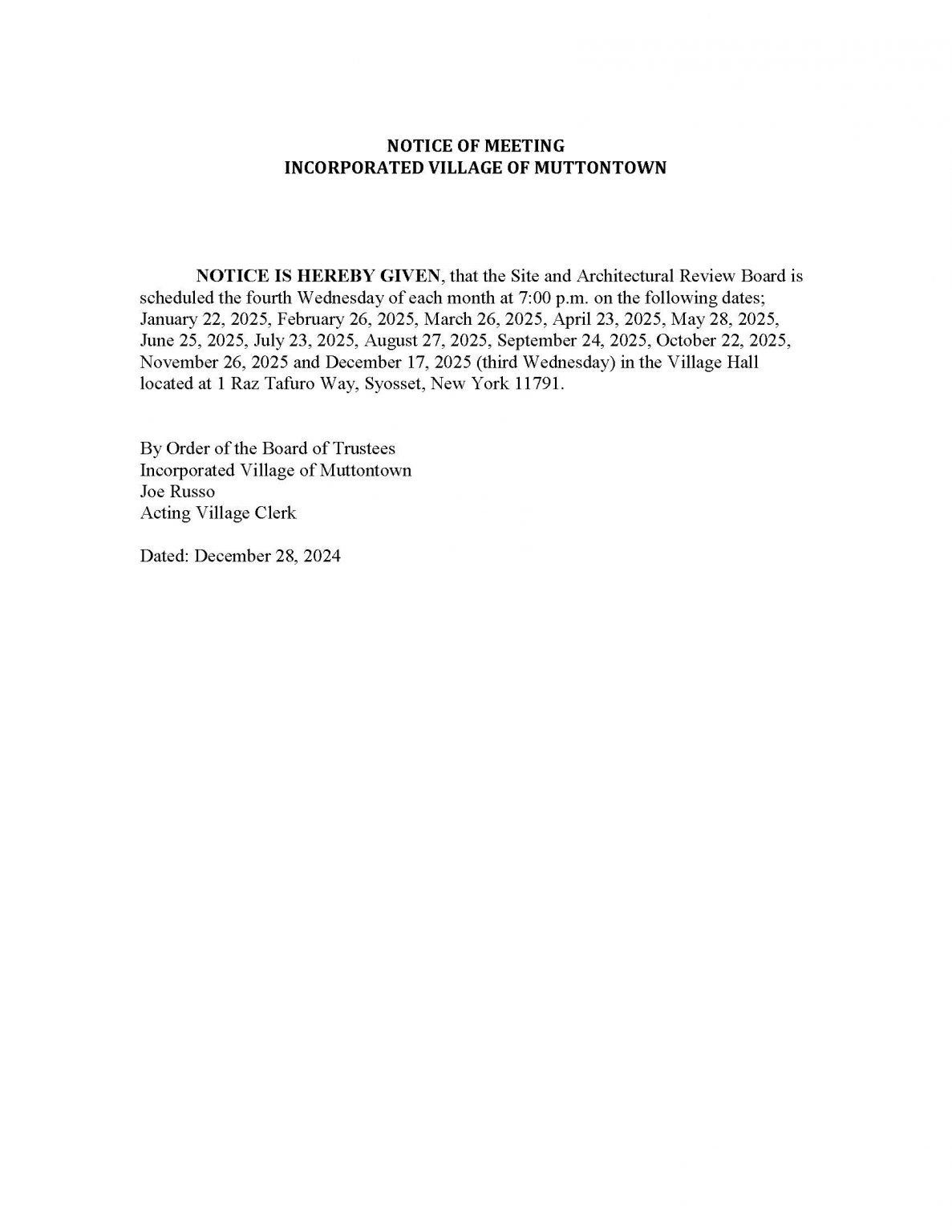 Public Notice 2025 SARB Meetings - Village of Muttontown