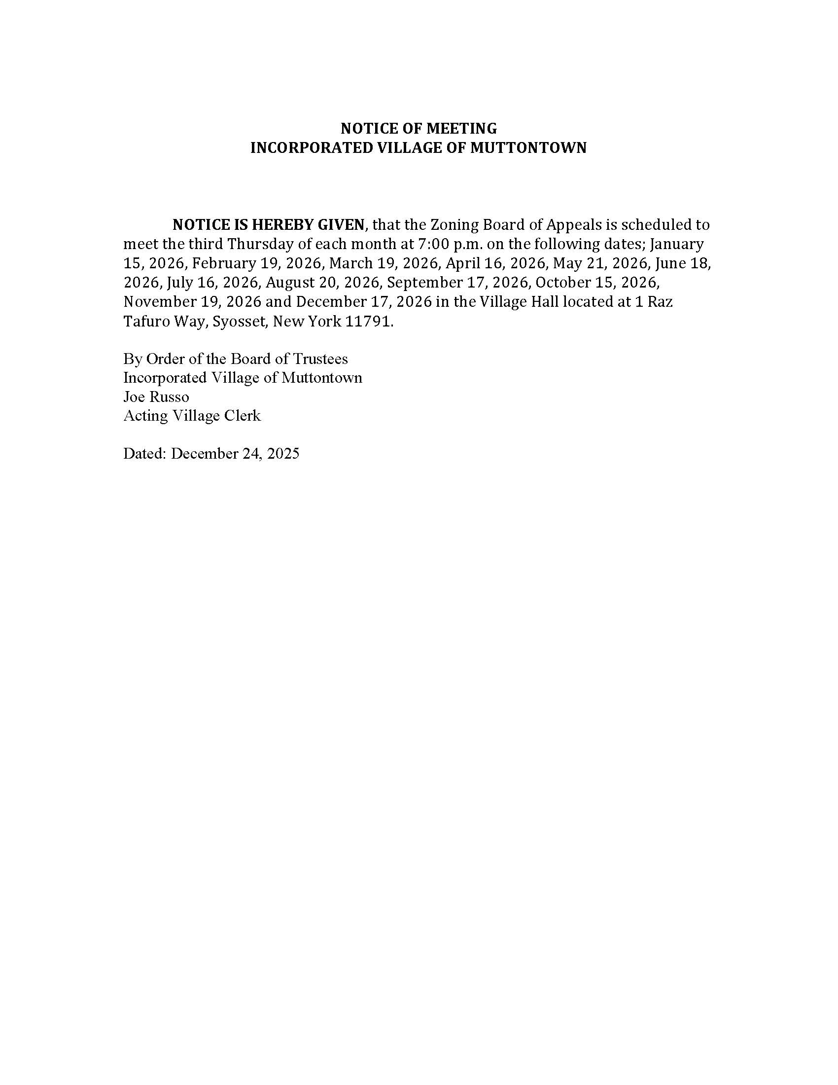 Public Notice 2026 ZBA Meetings